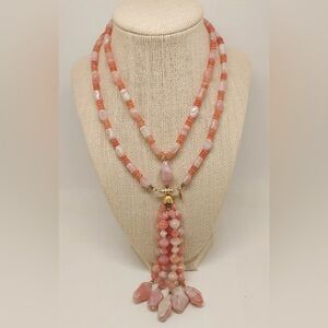 Vintage Sandra David Signed Apricot Agate Beaded Necklace w/ Tassel
